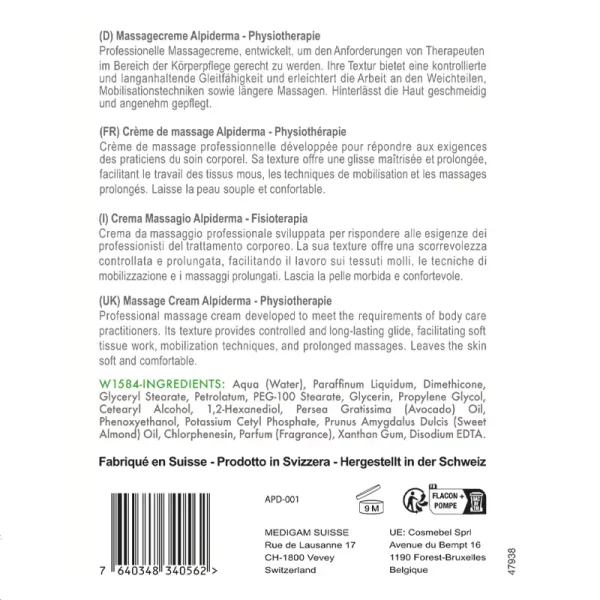 Lait de Massage Neutre Alpiderma – flacon de lotion de massage professionnelle suisse
